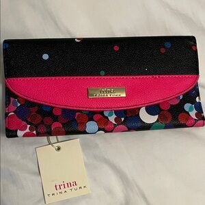 Trina Turk Black Multicolor Confetti Wallet with Hot Pink Flap